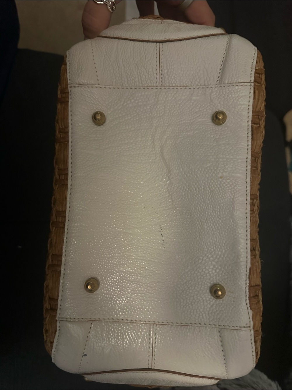 Woven Straw and White Trim Brahmin Handbag - Neutral Summer Tote - Picture 3 of 6